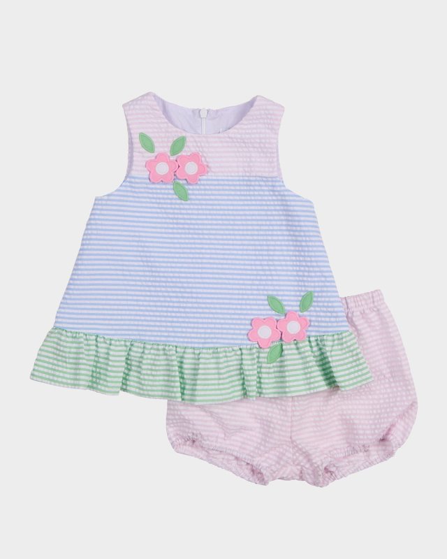 Girl's Flowers Stripe Seersucker Dress and Bloomers Set, Size 3M-24